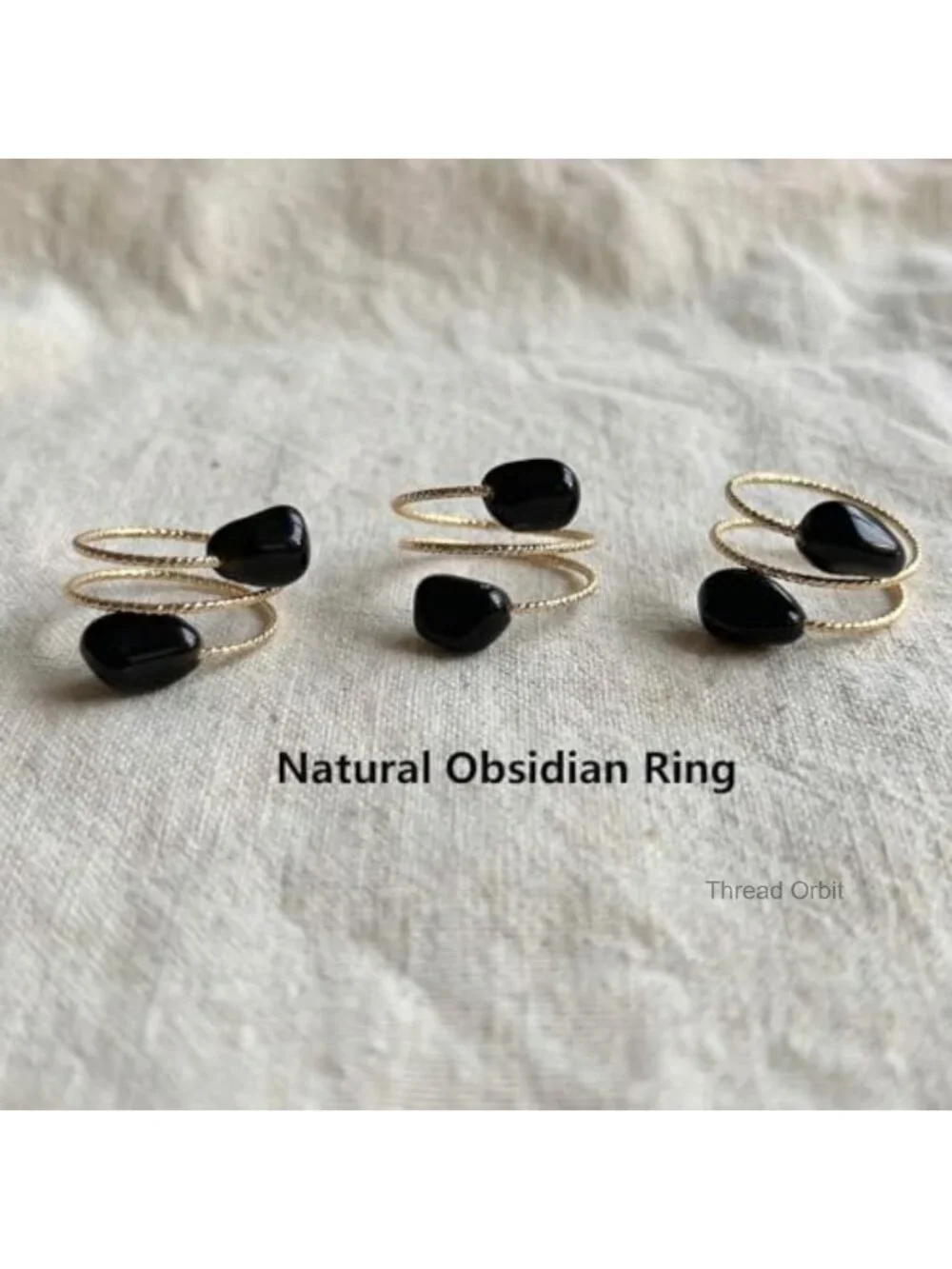 Adjustable Gold Statement Ring with Natural Obsidian Stone